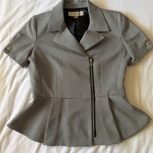 Tahari Black & White Short-Sleeve Peplum Blazer with Asymmetrical Zip